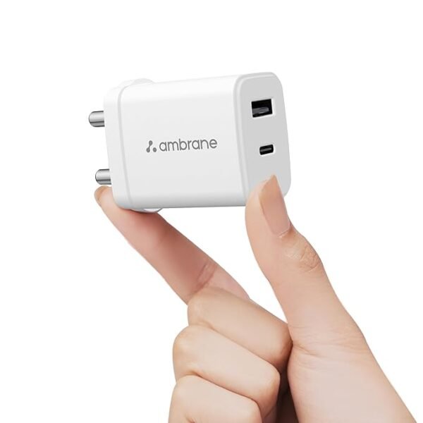 Ambrane 30W Dual Port GaN Charger, USB & Type C Fast Charging Adapter